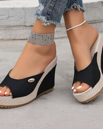 Women's Black Wedge Sandals With Buckle Details, Stylish And Generous