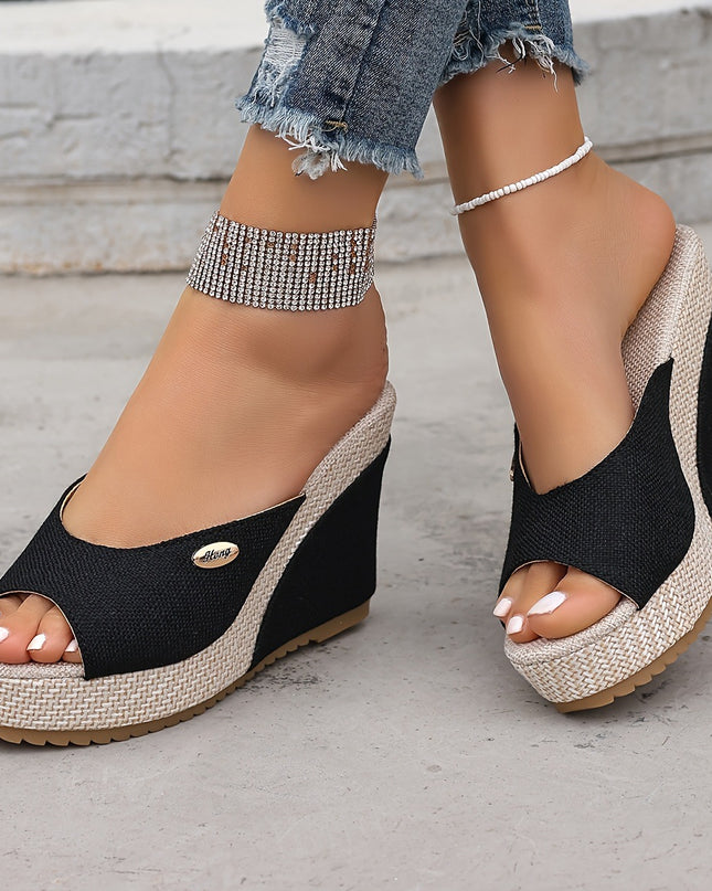 Women's Black Wedge Sandals With Buckle Details, Stylish And Generous