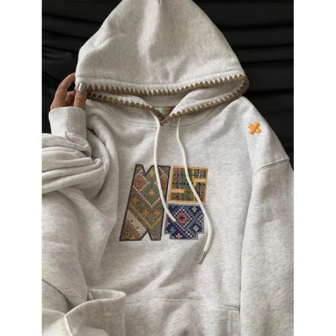 Retro Ethnic Style Woven Patch Versatile Loose Hooded Sweater