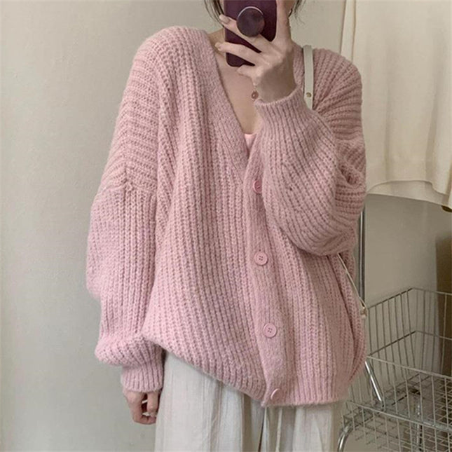 V-neck Knitted Cardigan Women's Thick Needle Loose Sweater