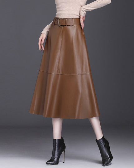 Leather Skirt Female A- Line High Waist Pleated Umbrella Skirt