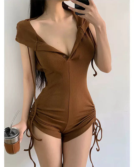 Hooded Drawstring Slim Sleeveless Backless Fitness One-piece Shorts