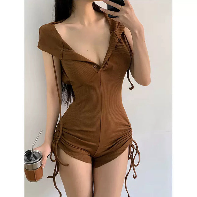 Hooded Drawstring Slim Sleeveless Backless Fitness One-piece Shorts