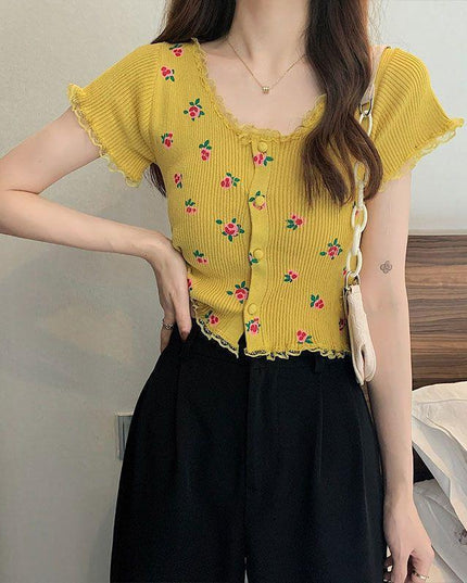 Age-reducing Floral Knitted Bottoming Shirt Short Sleeve