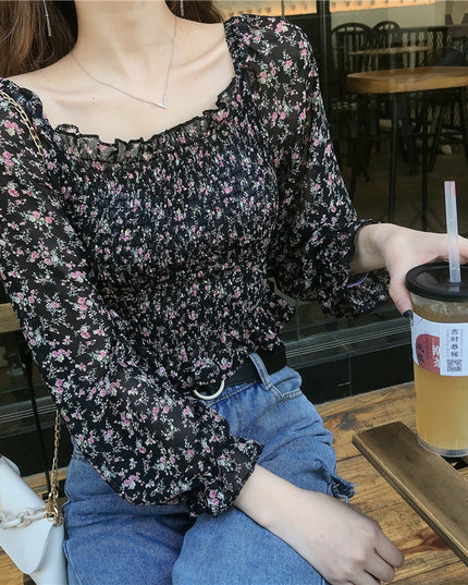 Summer Pleated Floral Print Chiffon Blouses Casual Puff
