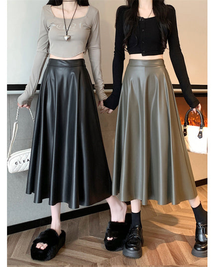 Leather Medium Length Simple A- Line Umbrella Skirt