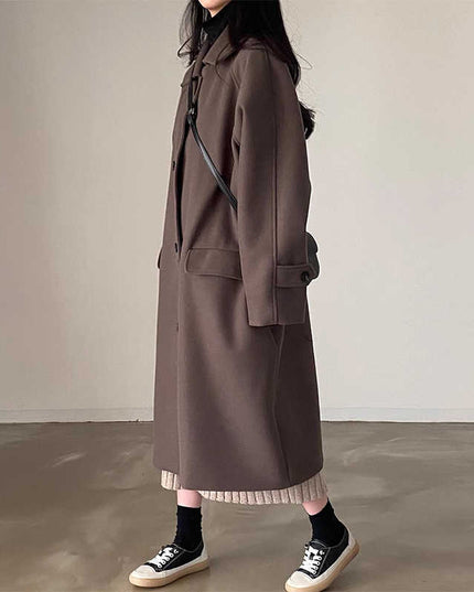 Retro Lapels Single-breasted Loose Mid-length Woolen Coat