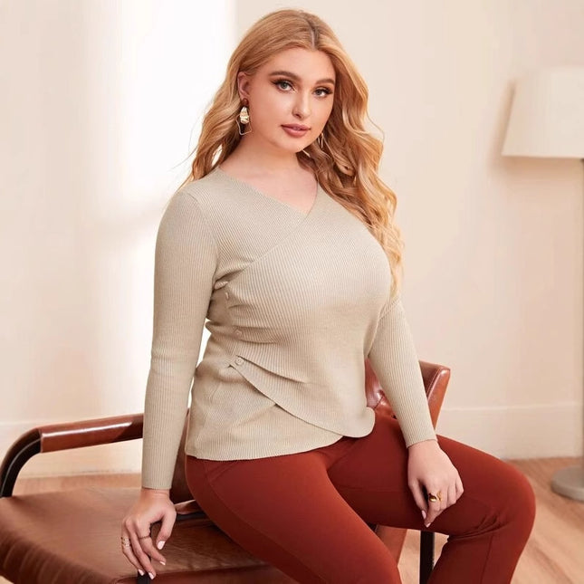 Plus Size Women's Knit Sweater V-Neck Cross Hem Long Sleeve Tunic Top For Fall Winter