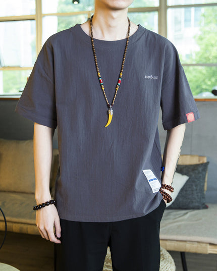 Chinese Men's Letter Embroidery Loose Half Sleeve Cotton Linen Short Sleeve