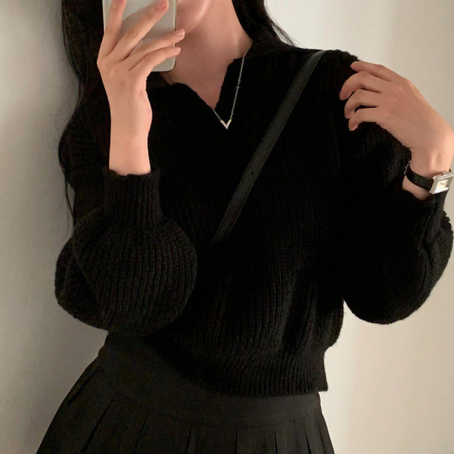 Women's V-neck Lapel Long-sleeved Sweater Slim Fit Slimming Sweater