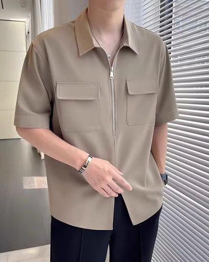 Half Zipper Short Sleeve Workwear Shirt Men