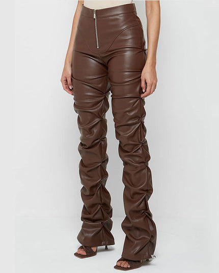European And American Fashion Tight PU Leather Trousers Personalized Shrinkage Bootcut Trousers Women
