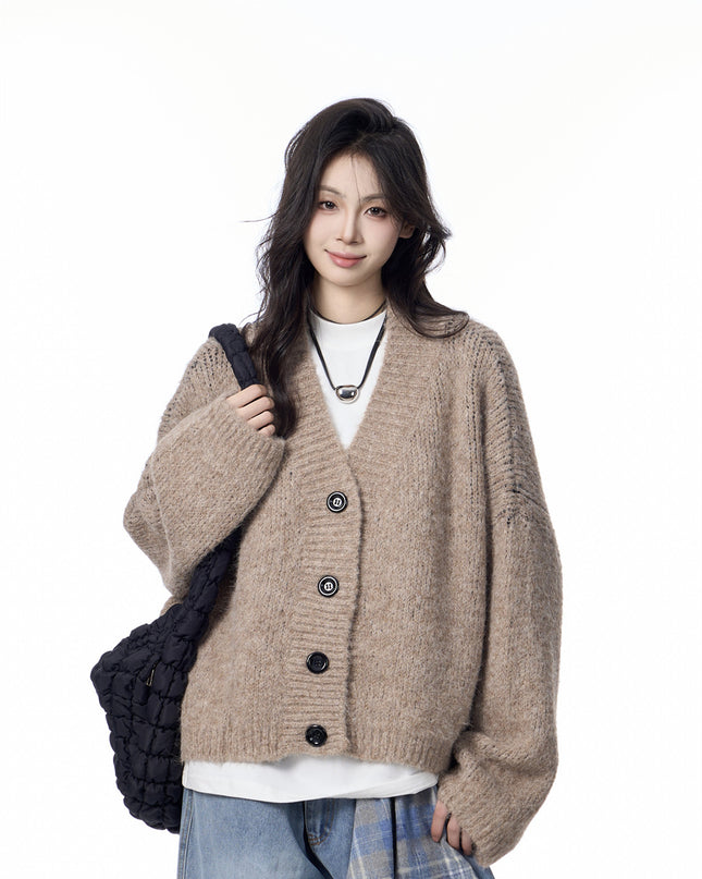 V-neck Knitted Cardigan Coat Women's Idle Style Loose Sweater