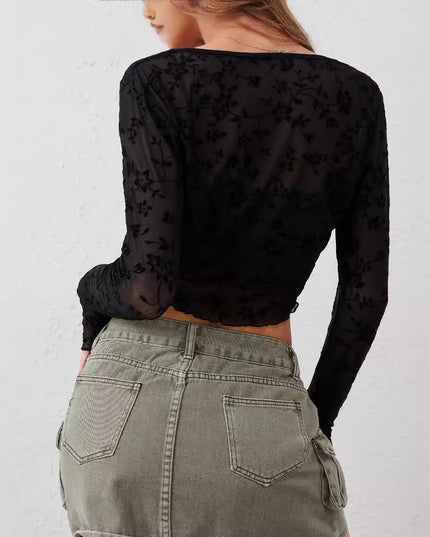 European And American Elegant Women's Transparent Mesh Flocking Front Lace-up Top