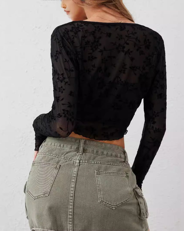 European And American Elegant Women's Transparent Mesh Flocking Front Lace-up Top