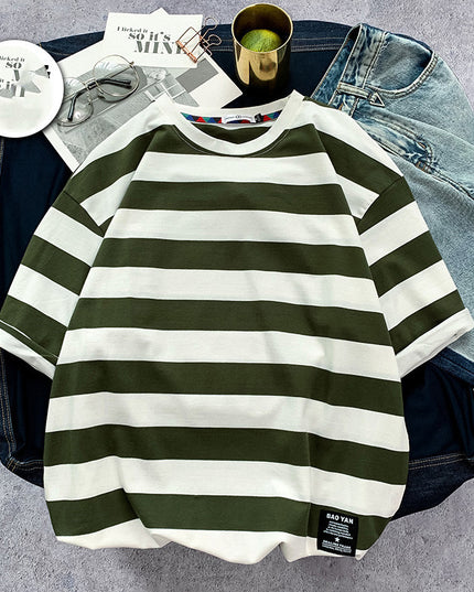 Men's Striped short sleeve T-shirt fat trend to add fat