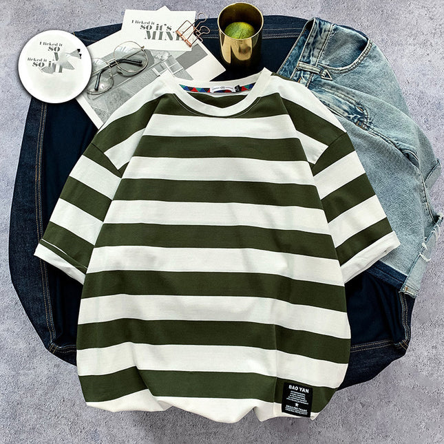 Men's Striped short sleeve T-shirt fat trend to add fat
