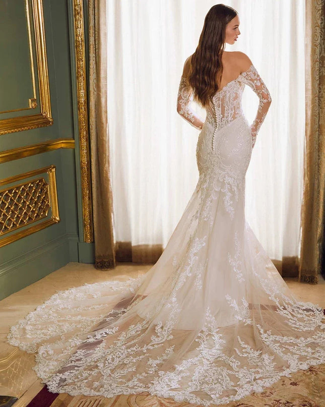 Off-shoulder Lace Long Sleeve Fishtail Gown