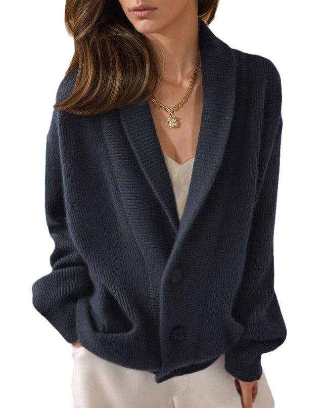 Retro Lapels Solid Color Long Sleeve Knitted Cardigan
