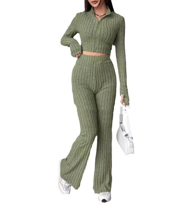 Solid Color Knitted Long Sleeve Turtlenecks Wide Leg High Waist Trousers Suit