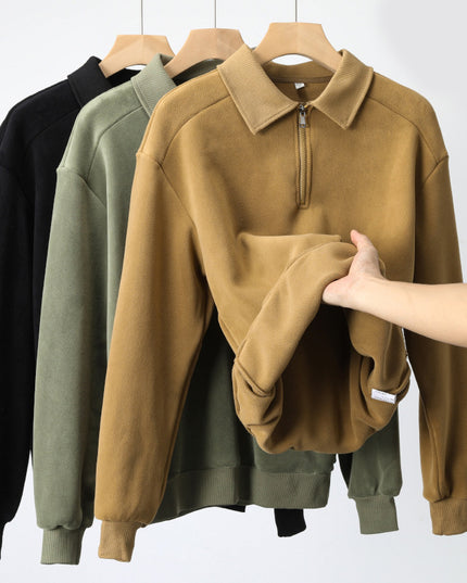 Fashion Lapel Half-zip Sweatshirt Winter Warm Fleece Long Sleeve Top Men's Clothing