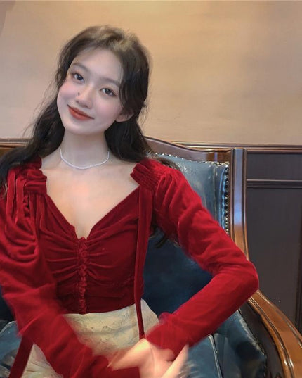 French Palace Style Red Shirt Women Autumn And Winter Style Self-cultivation