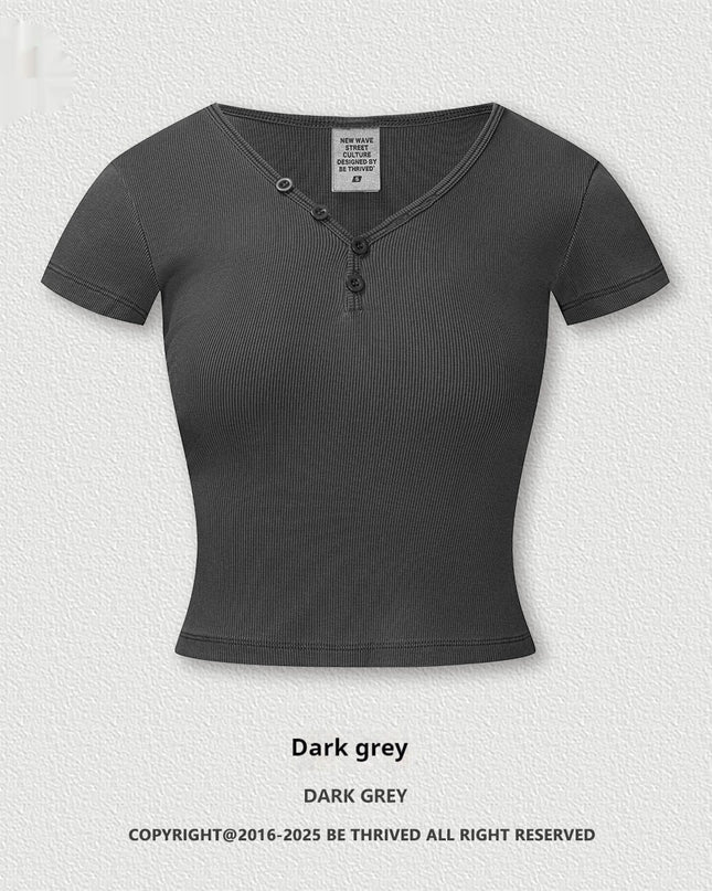 American Retro Design Hot Girl Slim Top Button V-neck Shoulder Short Sleeve