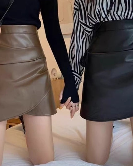 Black Small Leather Skirt Women's Springautumnwinter High Waist Ruffle Hip Short Skirt