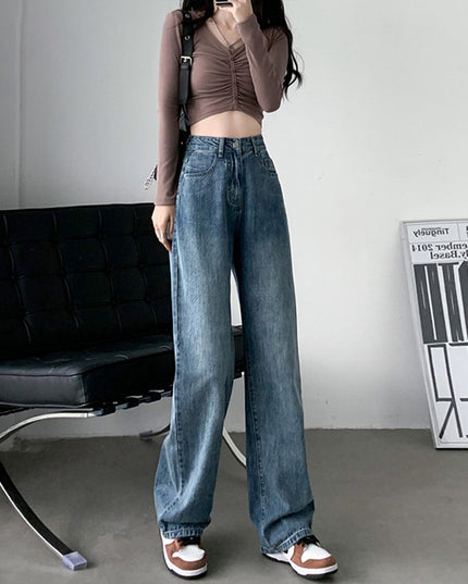 Draping Effect Wide Leg Jeans Women's High Waist Plus Size Mop Trousers