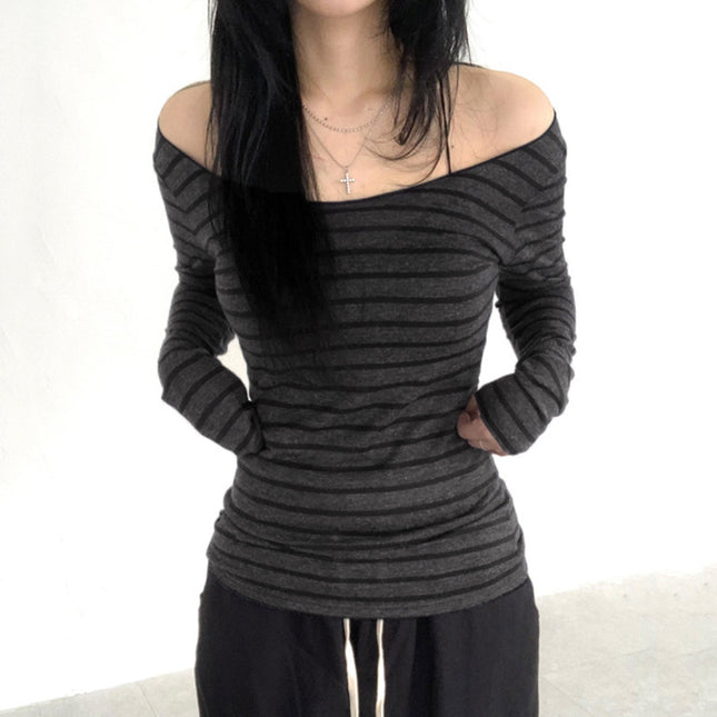 Oblique Shoulder Stripes Lightweight Slim-fit Long Sleeve Casual Top