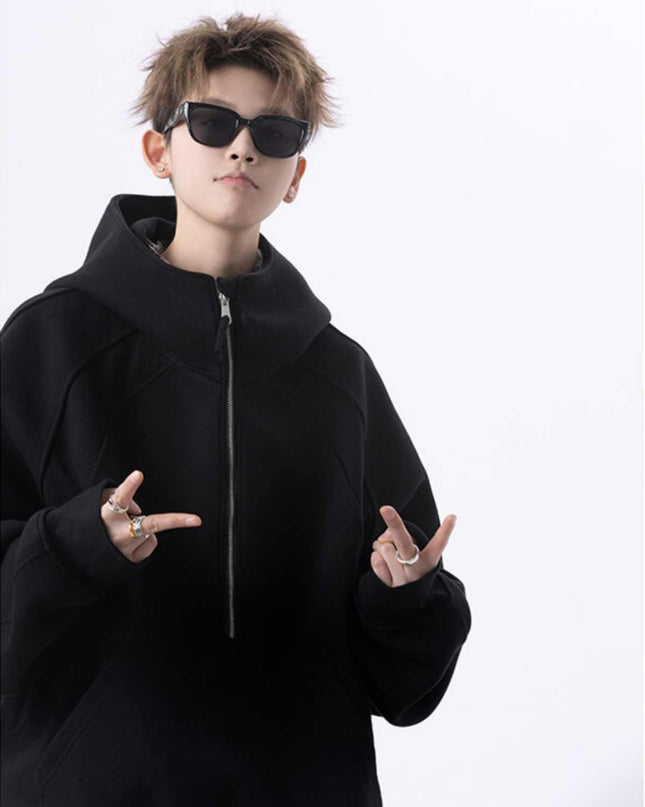 Cropped Hoodie Men's Loose Casual Half Zipper Jacket