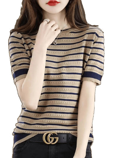 Loose Color Matching Striped Hollow Knitted Shirt
