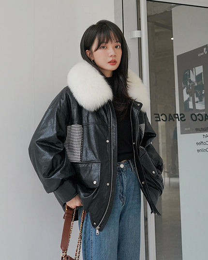 Loose Little Black Pie Overcoming Plaid Stitching Leather Coat And Cotton Jacket