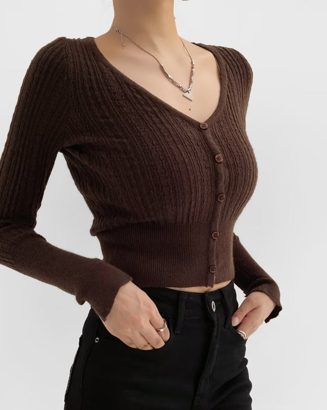 American Hot Girl Pure Desire Sexy V-neck Single-breasted Long Sleeve Sweater