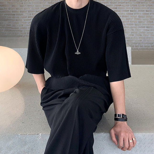 Men's Pleated Short Sleeves Loose Striped Draping Half Sleeve Trendy Pleated Round Neck T-shirt