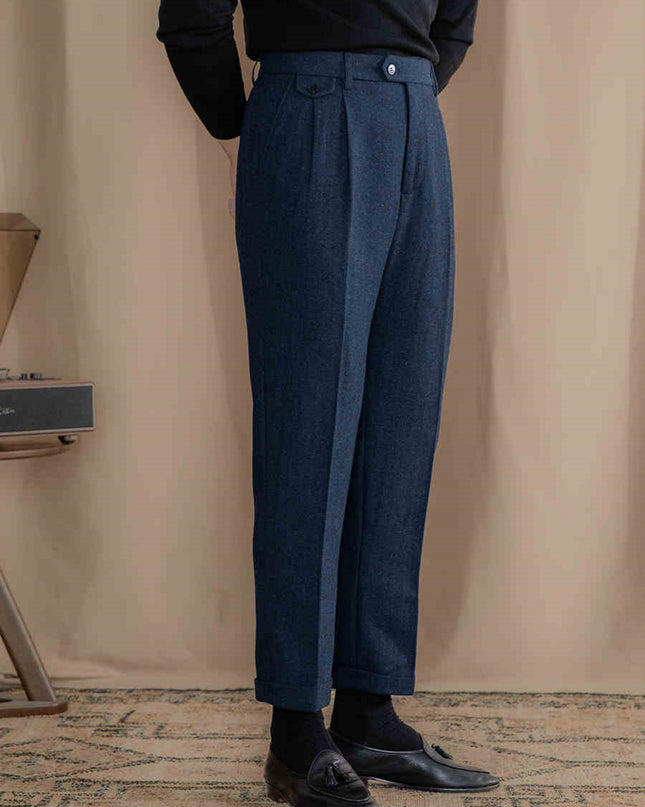 Retro British Wool Herringbone Trousers