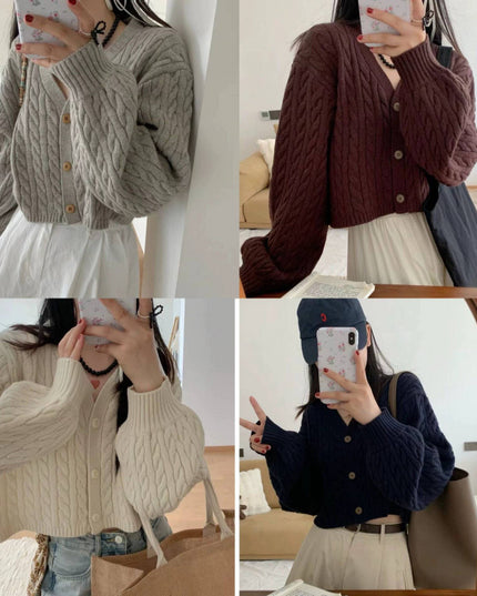 Twist Outer Wear V-neck Sweater Needle Woven Women's Cardigan