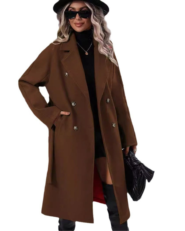 Autumn And Winter Solid Color Double Breasted Lace-up Woolen Coat