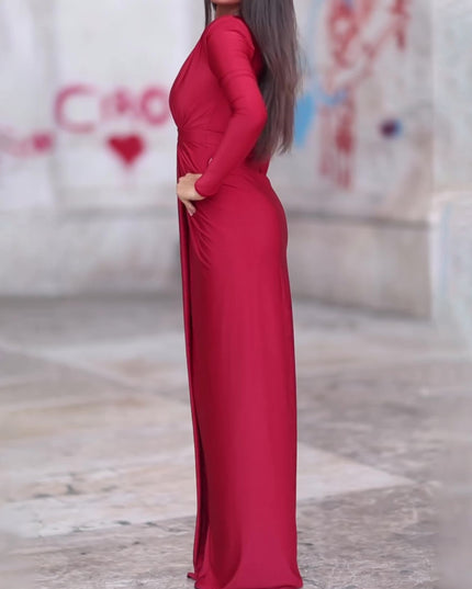 V-neck Long-sleeved Solid Color Maxi Dress