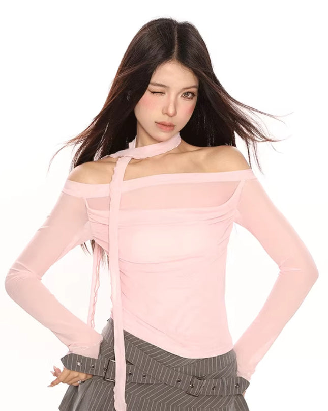 Pure Desire Sexy Off-the-shoulder T-shirt Pleated Slim-fit Top With Scarf