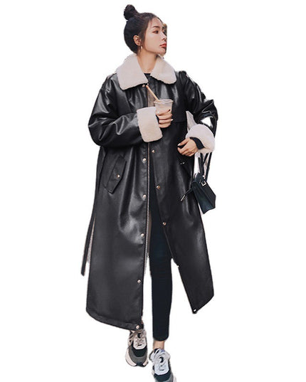 Women's Thickened Fur Long Leather Jacket For Locomotive