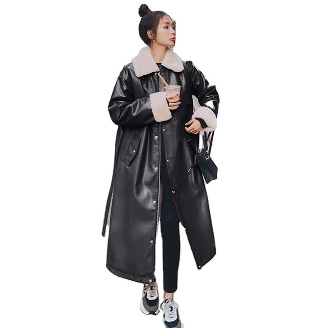 Women's Thickened Fur Long Leather Jacket For Locomotive