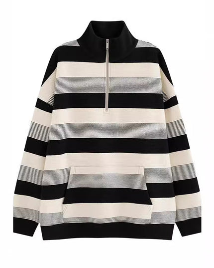 Women's American-style Retro Half-zip Striped Sweater