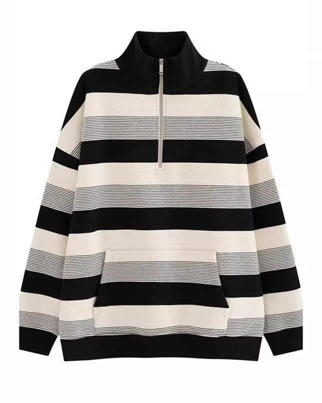 Women's American-style Retro Half-zip Striped Sweater