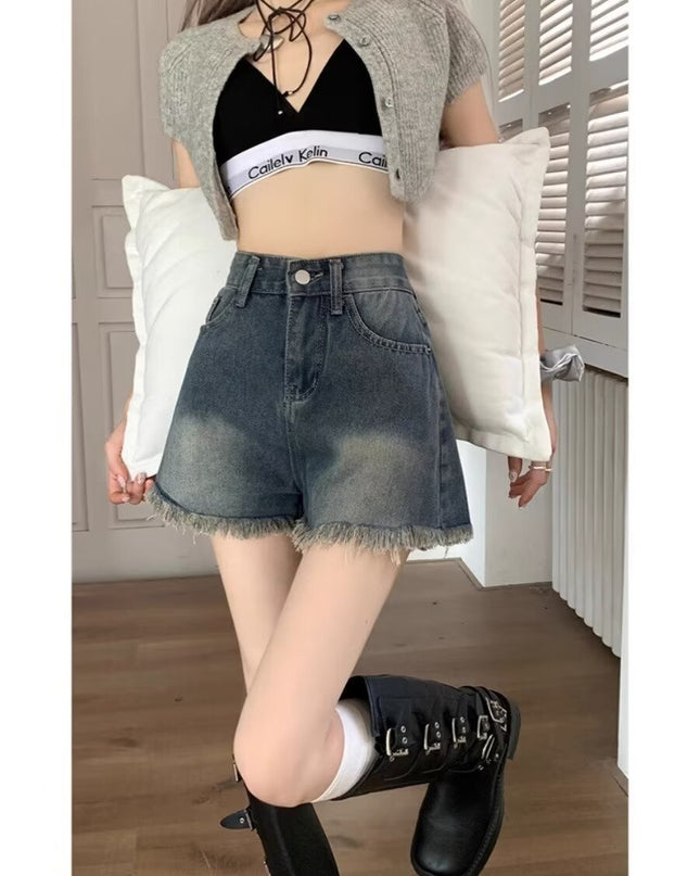 American Style Fringed Burr Denim Shorts Slimming And Wide Leg High Waist Loose