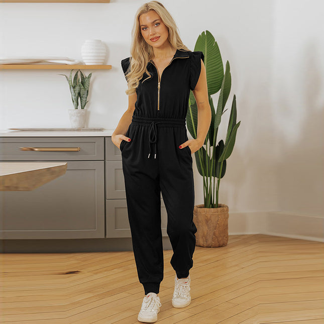 Women's Pure Color Casual Versatile High Waist Multi-pocket Jumpsuit