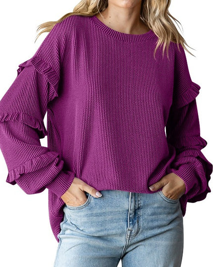 Women's Lantern Sleeve Round Neck Lace Sleeve Top