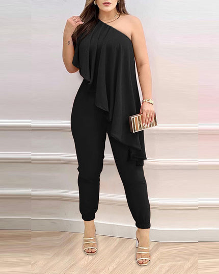 Printed One-shoulder Ruffled Jumpsuit