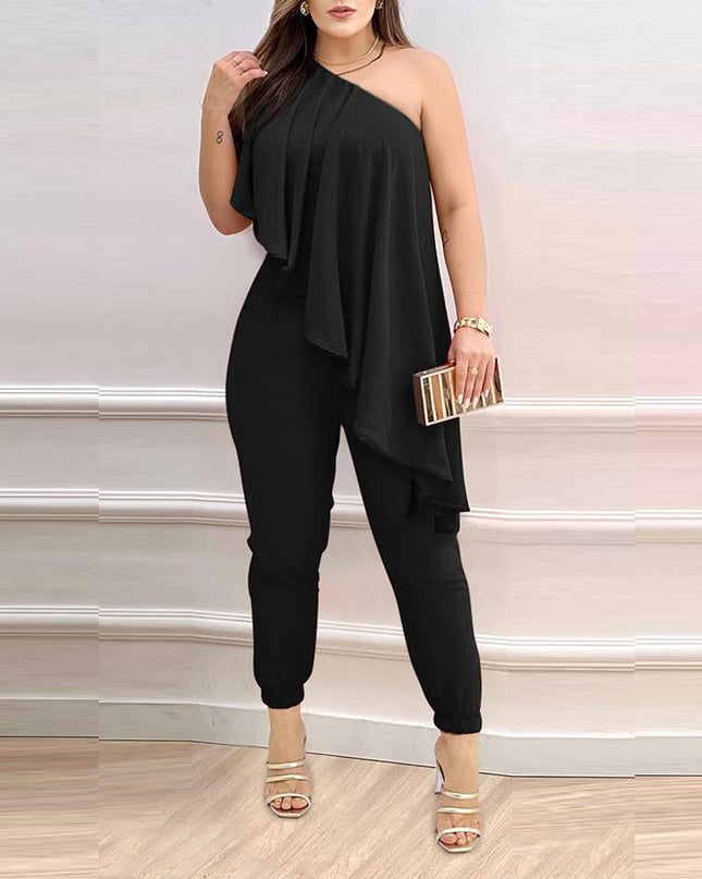 Printed One-shoulder Ruffled Jumpsuit