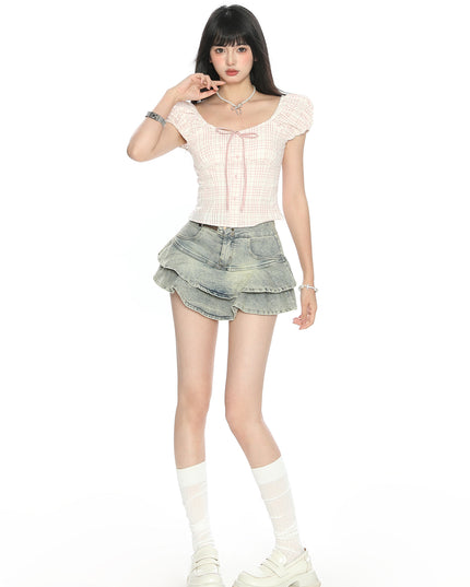 Women's Puff Sleeve Bow Bandage Short-sleeved T-shirt